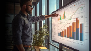 Person interacting with a touchscreen displaying bar graphs and data visualizations in an office setting.