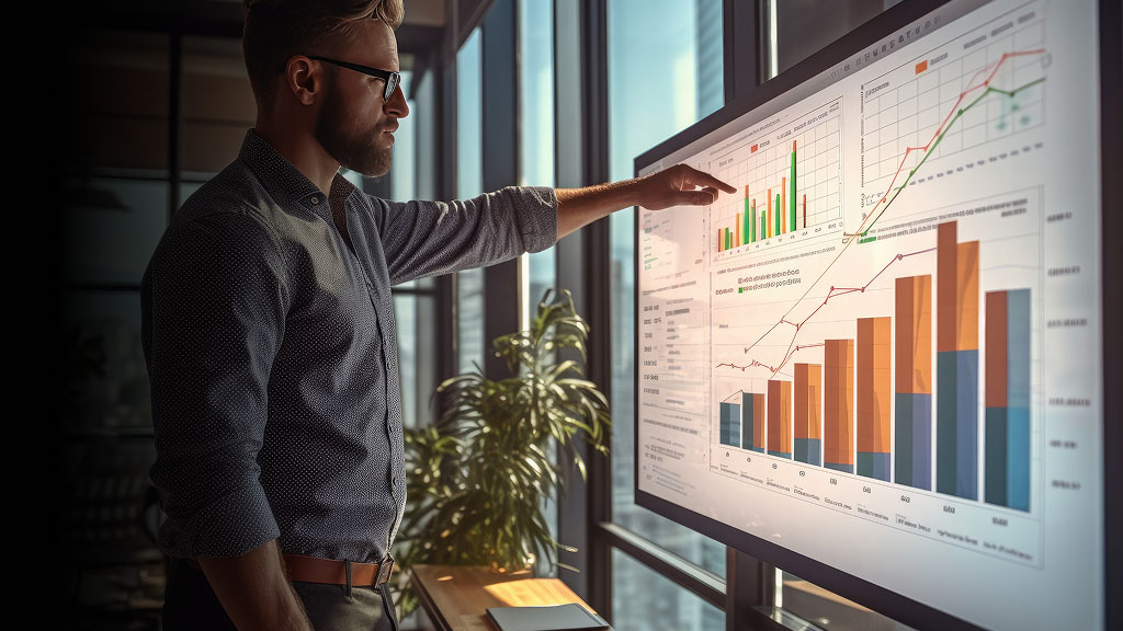 Person interacting with a touchscreen displaying bar graphs and data visualizations in an office setting.
