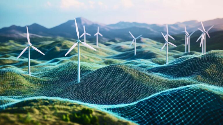 Wind turbines stand across rolling green hills with a glowing digital grid overlay.