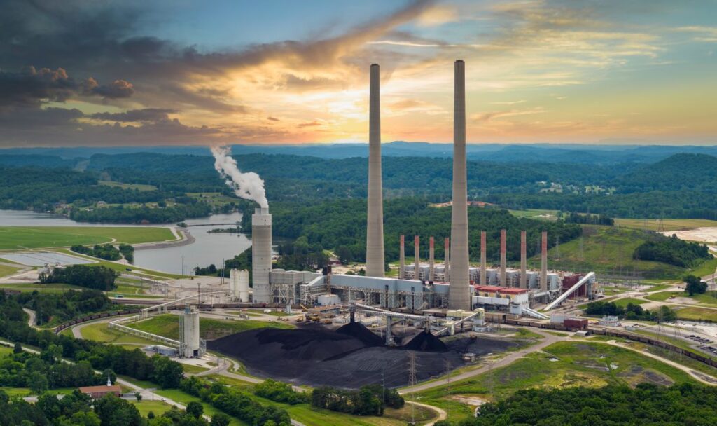 Thermal power plant burning coal fossil fuel for production of electrical energy Kingston power station in Roane County Tennessee