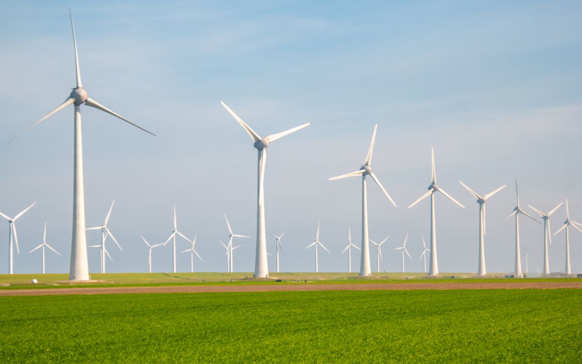 Rows of white wind turbines stretch across a vast green field under a clear blue sky, capturing the essence of clean, renewable energy. The blades are in various positions, indicating motion and energy generation on a wind farm.