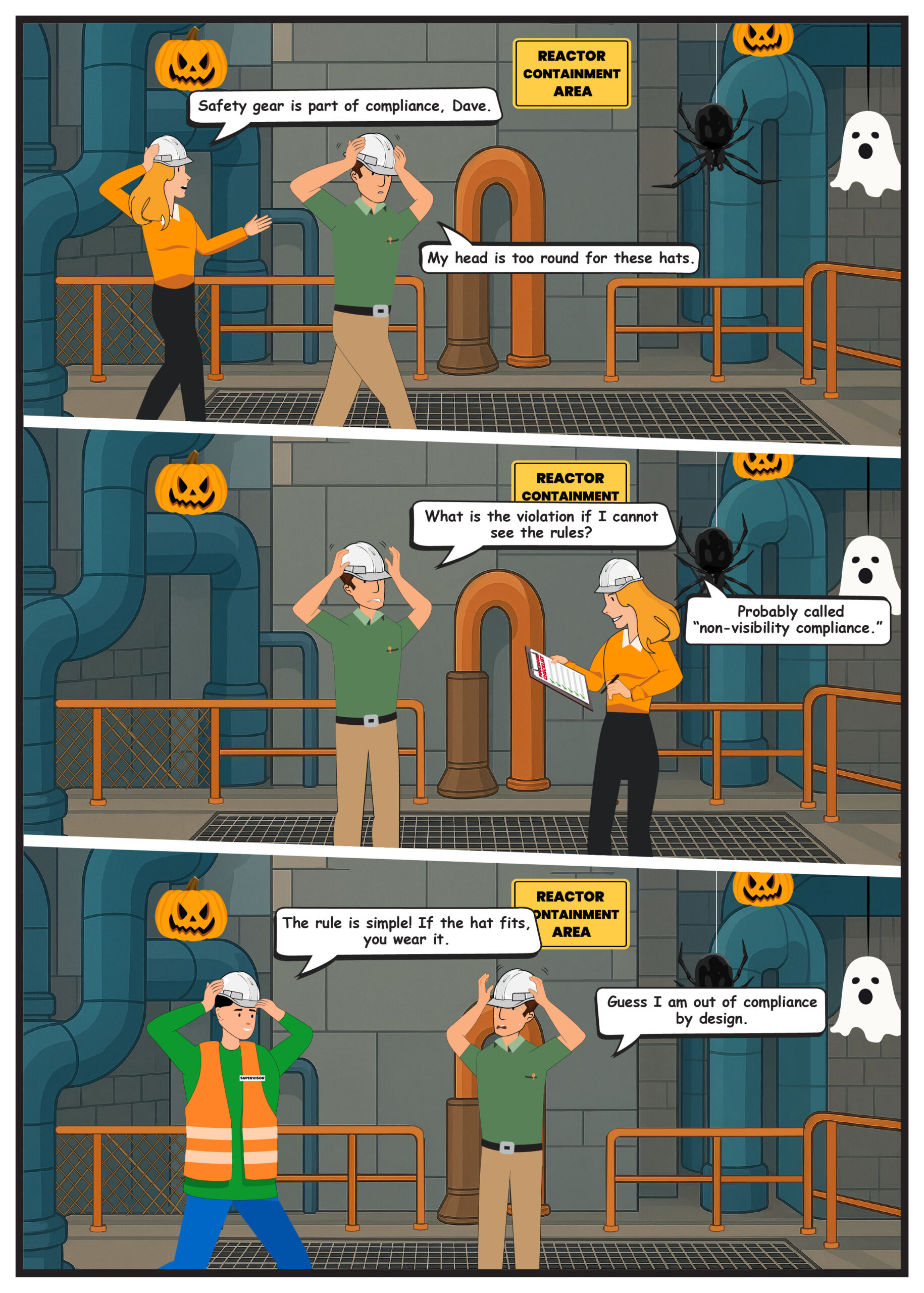 Comic strip set in an industrial plant with Halloween decorations. A woman in a hard hat tells a man adjusting his helmet, "Safety gear is part of compliance, Dave." and he replies, "My head is too round for these hats." A sign in the background reads "REACTOR CONTAINMENT AREA."