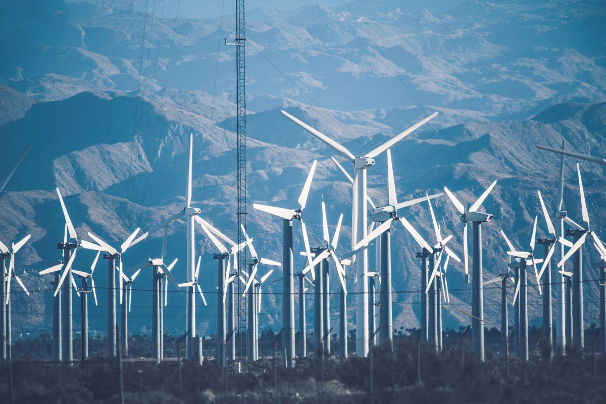 Dense cluster of wind turbines standing across a landscape with mountains in the background, showing a large wind power plant generating renewable energy in California.