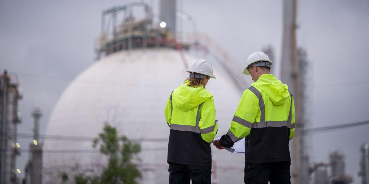 Two workers in high visibility yellow jackets and white hard hats stand together reviewing documents in front of the Robinson nuclear plant cooling dome on an overcast day.